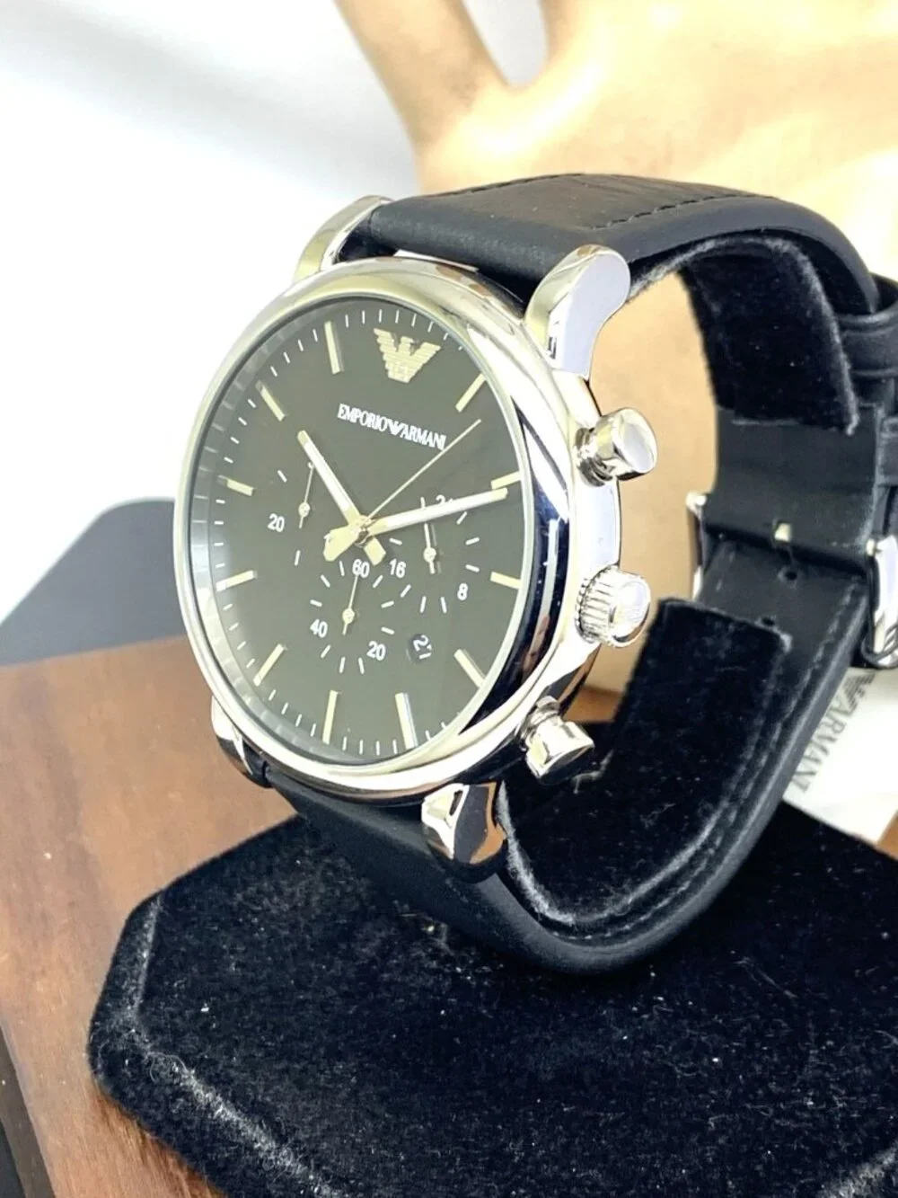 Emporio Armani Men's Watch AR1828 Quartz Chronograph Black Dial Leather Strap